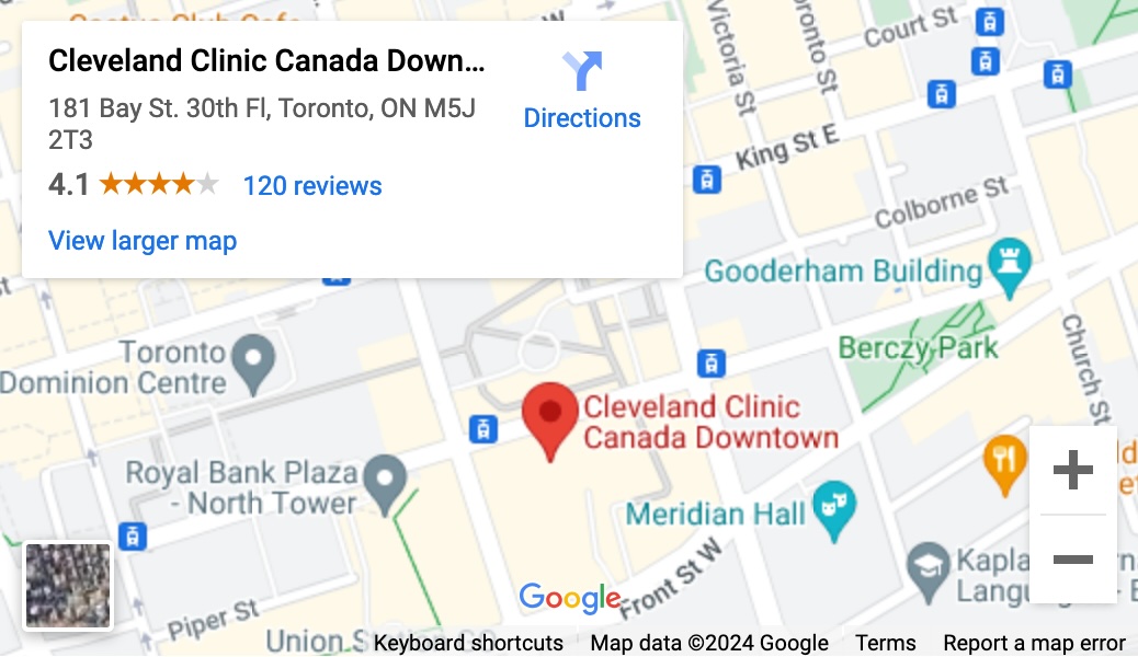 Map showing the location of Cleveland Clinic Canada Downtown at 181 Bay Street, 30th floor, Toronto, Ontario