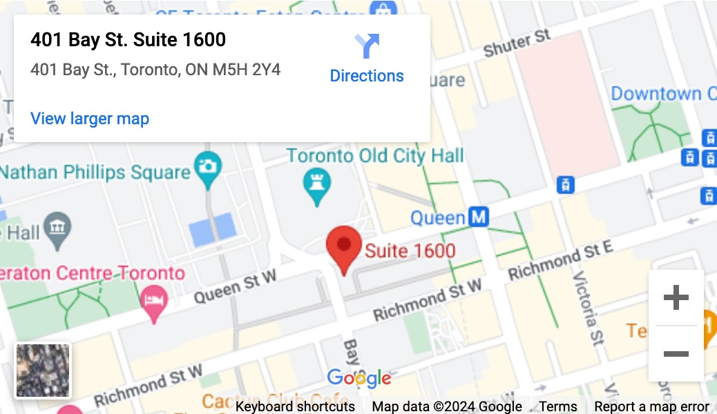 Map showing the location of Queen Bay Health at 401 Bay Street, Suite 1600, Toronto, Ontario