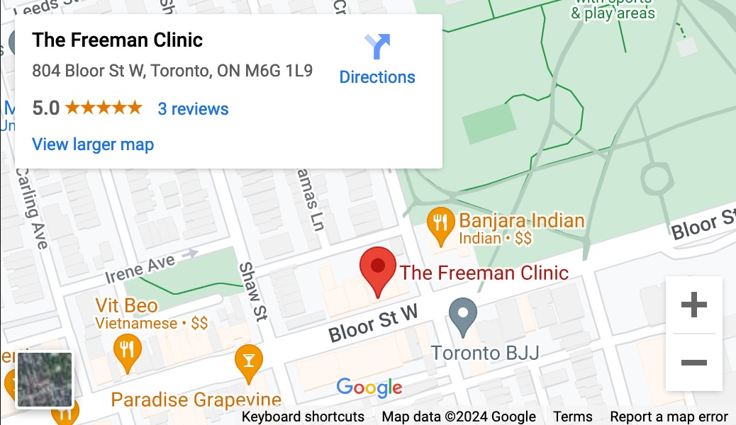 Map showing the location of The Freeman Clinic at 804 Bloor St West, Toronto, Ontario